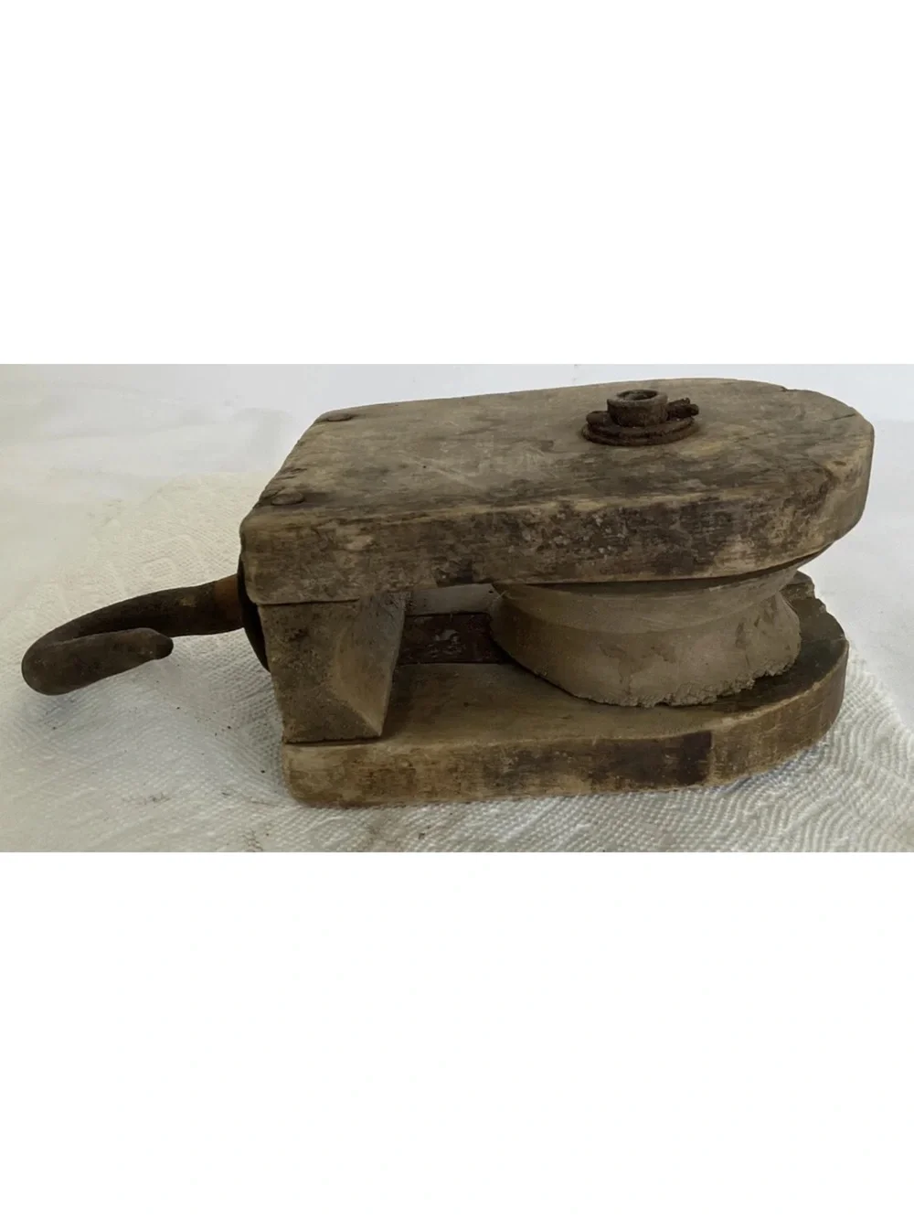 Vintage Wooden Barn Pully Wood Wheel W/ Iron Hook Great Display